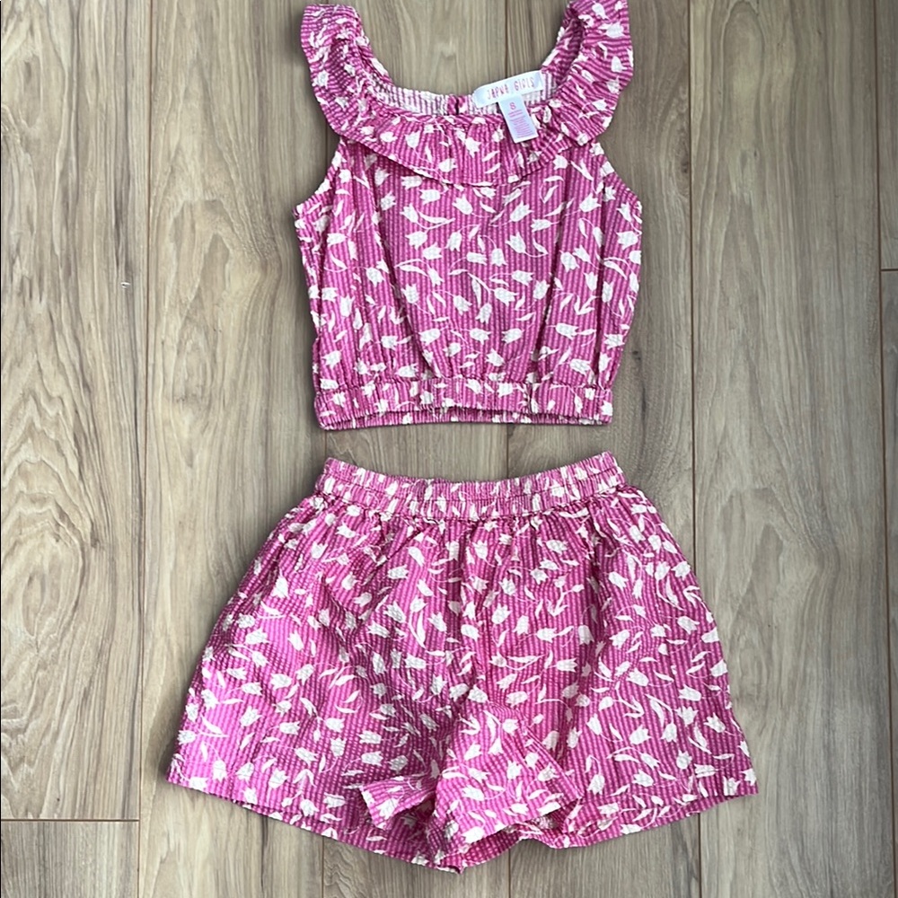 Pink and White Ruffled Top and Shorts Set